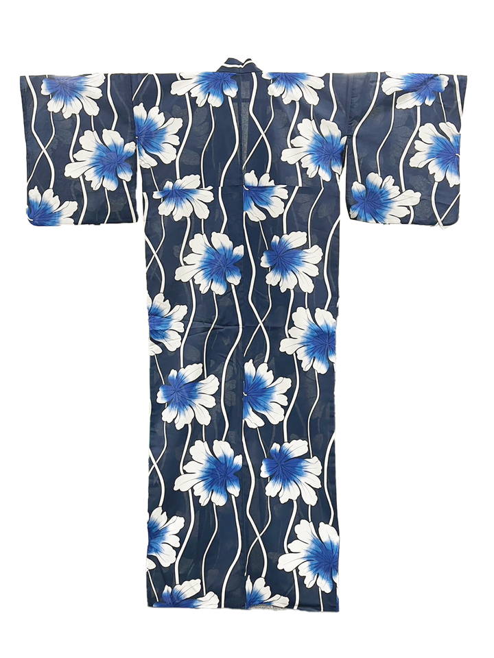 Women's PLUS size Cotton Yukata, Casual Kimono - Dark Blue, Blue flowers