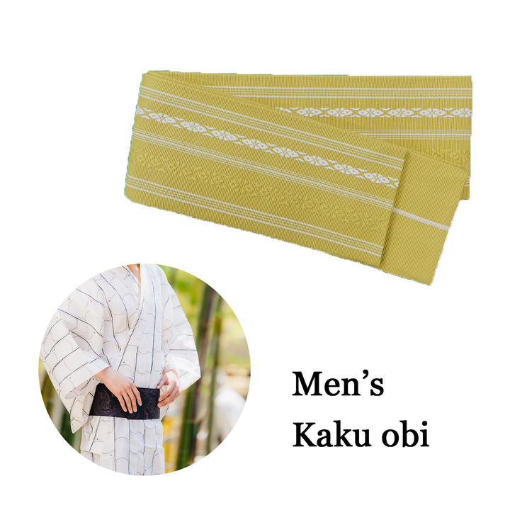 Men's Kaku-Obi Belt : Traditional pattern, Light Yellow