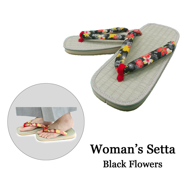 Woman's Tatami setta sandals : Black Flowers