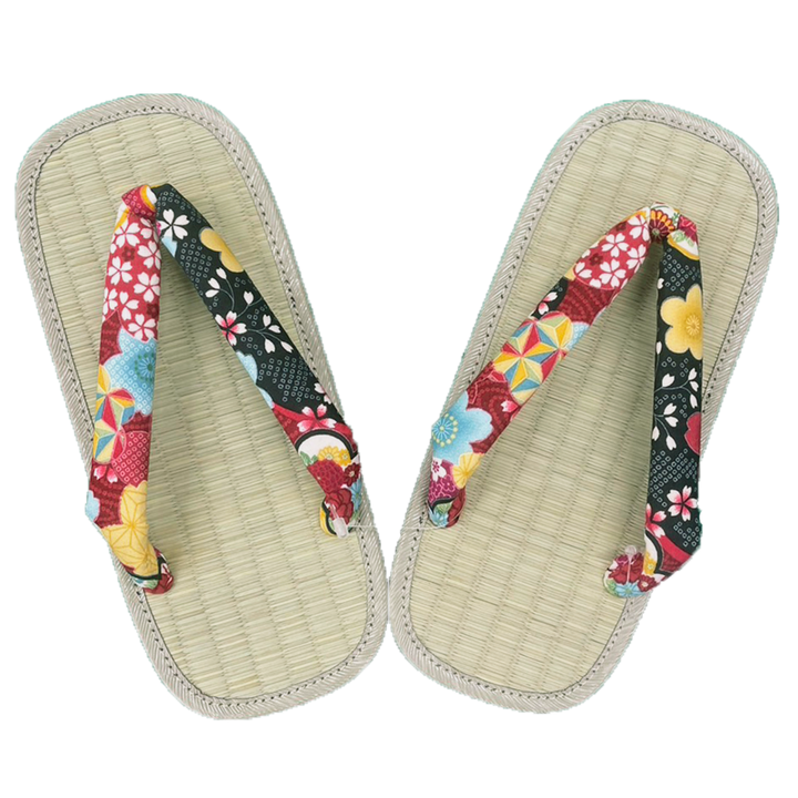 Woman's Tatami setta sandals : Black and Red Flowers