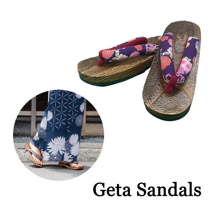 Woman's Wooden Geta Sandals : Purple, Red Flowers & Brown sole