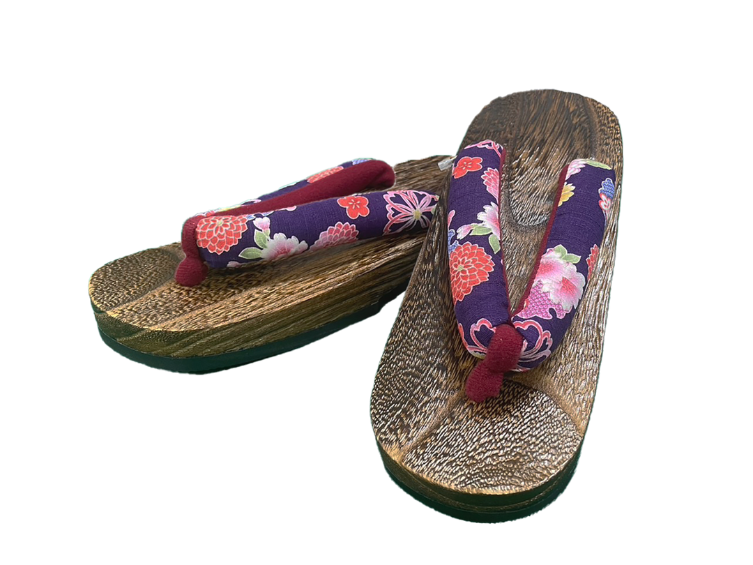 Woman's Wooden Geta Sandals : Purple, Red Flowers & Brown sole