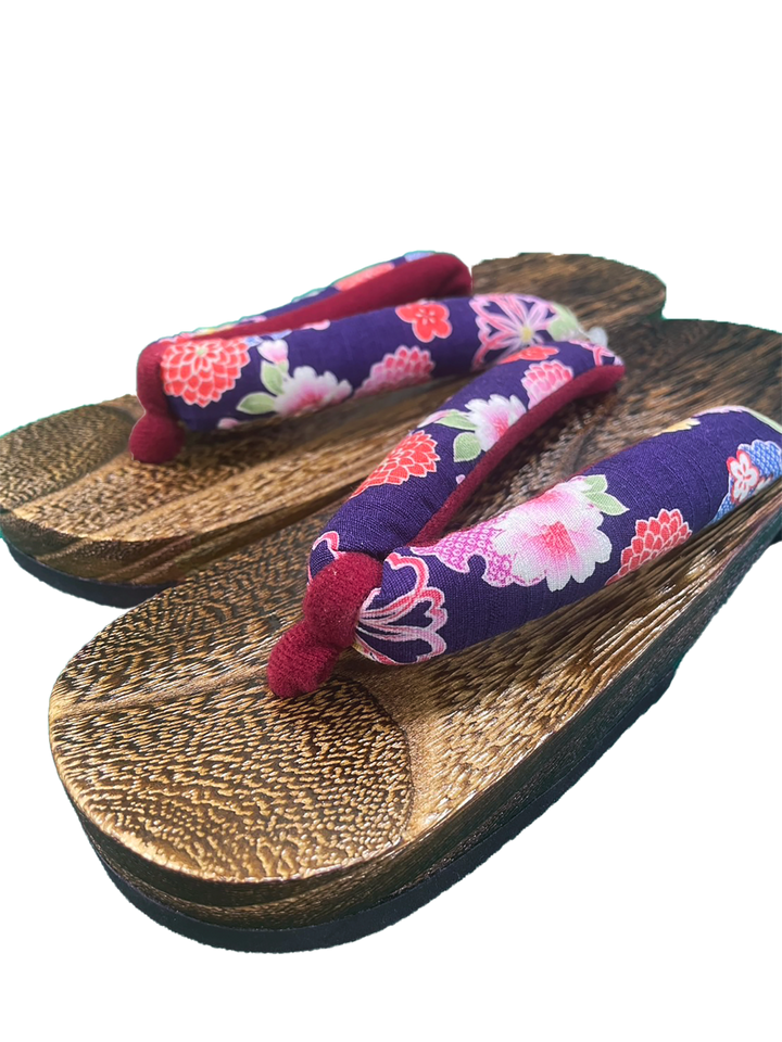 Woman's Wooden Geta Sandals : Purple, Red Flowers & Brown sole