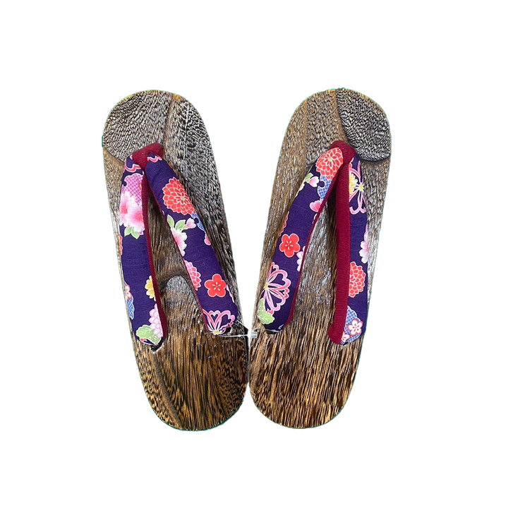 Woman's Wooden Geta Sandals : Purple, Red Flowers & Brown sole