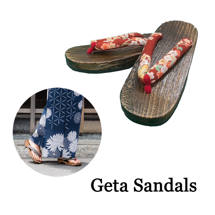 Woman's Wooden Geta Sandals : Dark Red Flowers & Brown sole