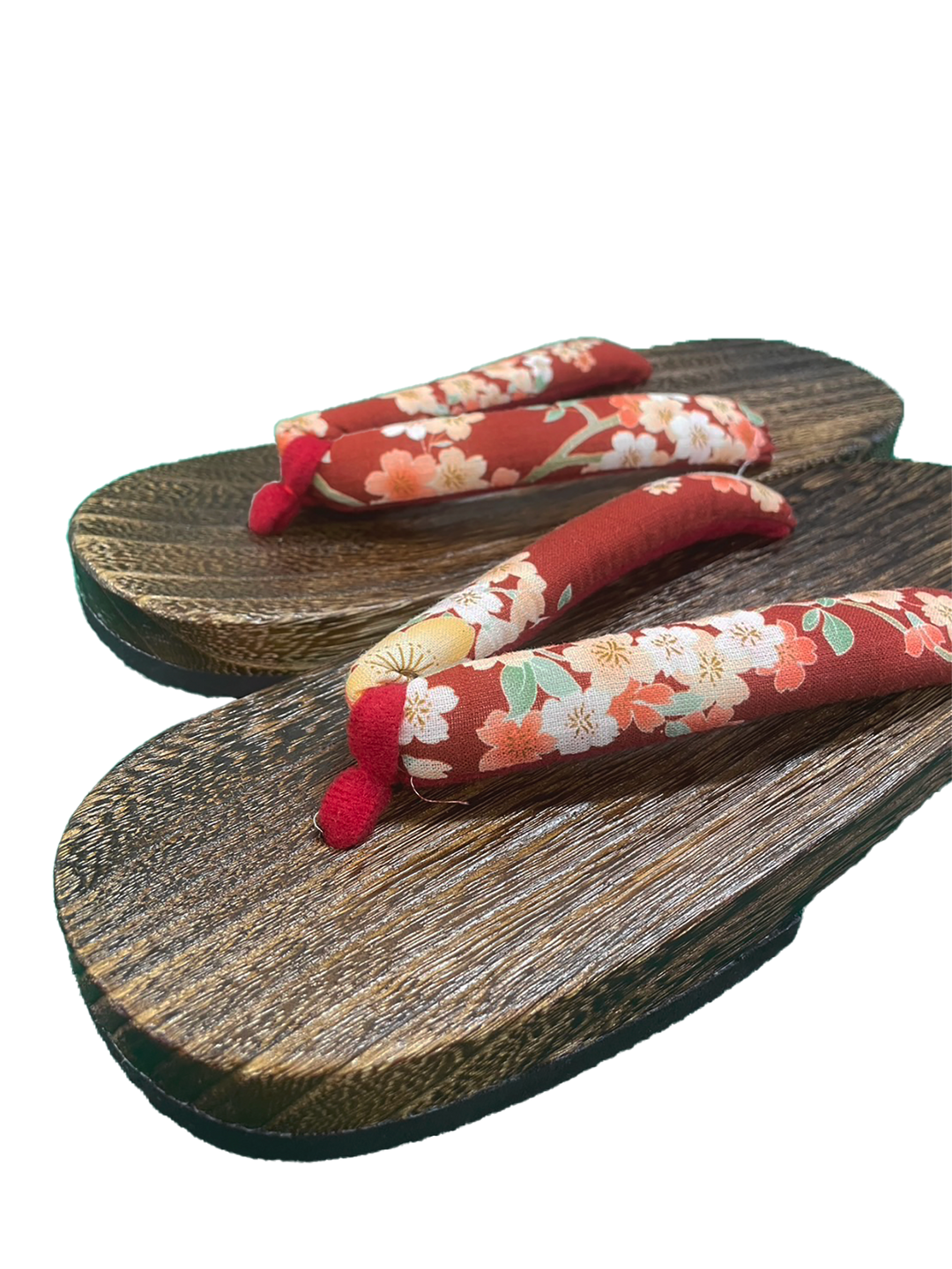 Woman's Wooden Geta Sandals : Dark Red Flowers & Brown sole