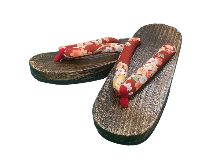 Woman's Wooden Geta Sandals : Dark Red Flowers & Brown sole