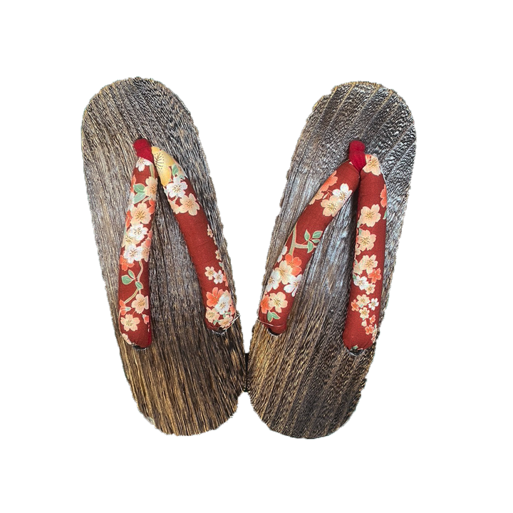 Woman's Wooden Geta Sandals : Dark Red Flowers & Brown sole