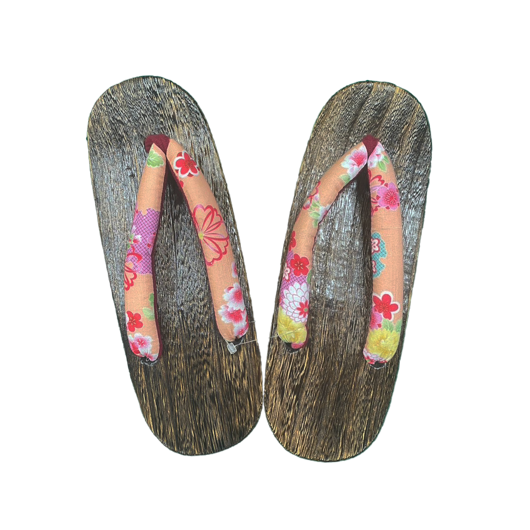 Woman's Wooden Geta Sandals : Pink, Red Pink plums & Brown sole