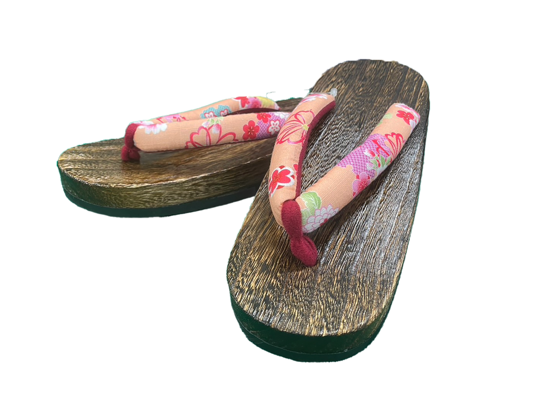 Woman's Wooden Geta Sandals : Pink, Red Pink plums & Brown sole