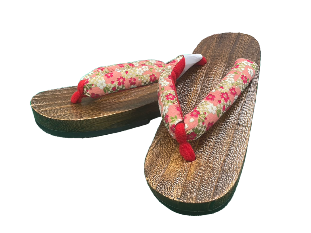 Woman's Wooden Geta Sandals : Cherry blossoms & Brown sole