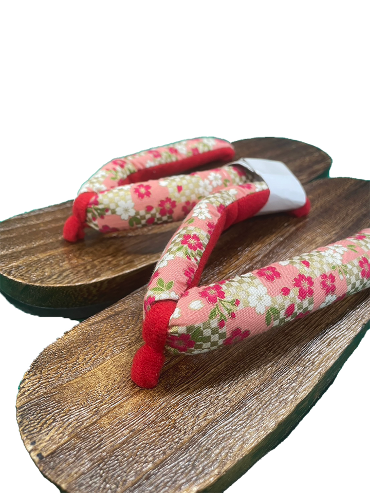 Woman's Wooden Geta Sandals : Cherry blossoms & Brown sole