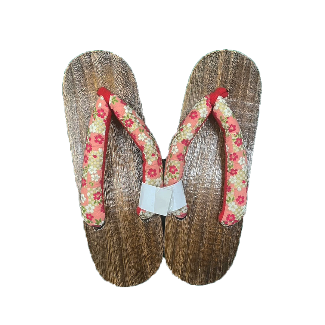 Woman's Wooden Geta Sandals : Cherry blossoms & Brown sole