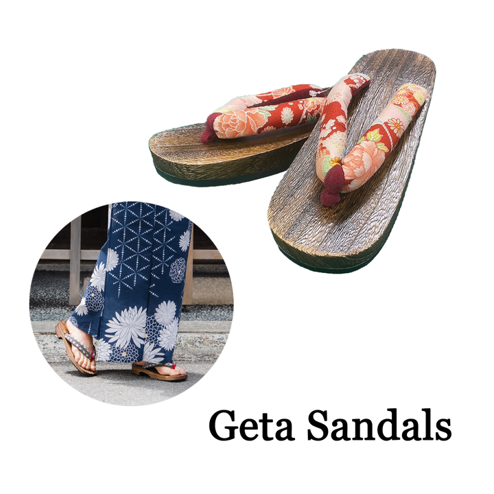 Woman's Wooden Geta Sandals : Red Flowers & Brown sole