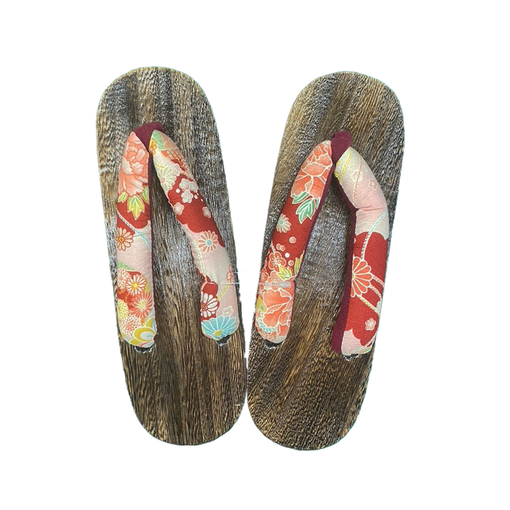 Woman's Wooden Geta Sandals : Red Flowers & Brown sole