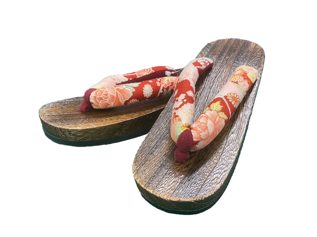 Woman's Wooden Geta Sandals : Red Flowers & Brown sole