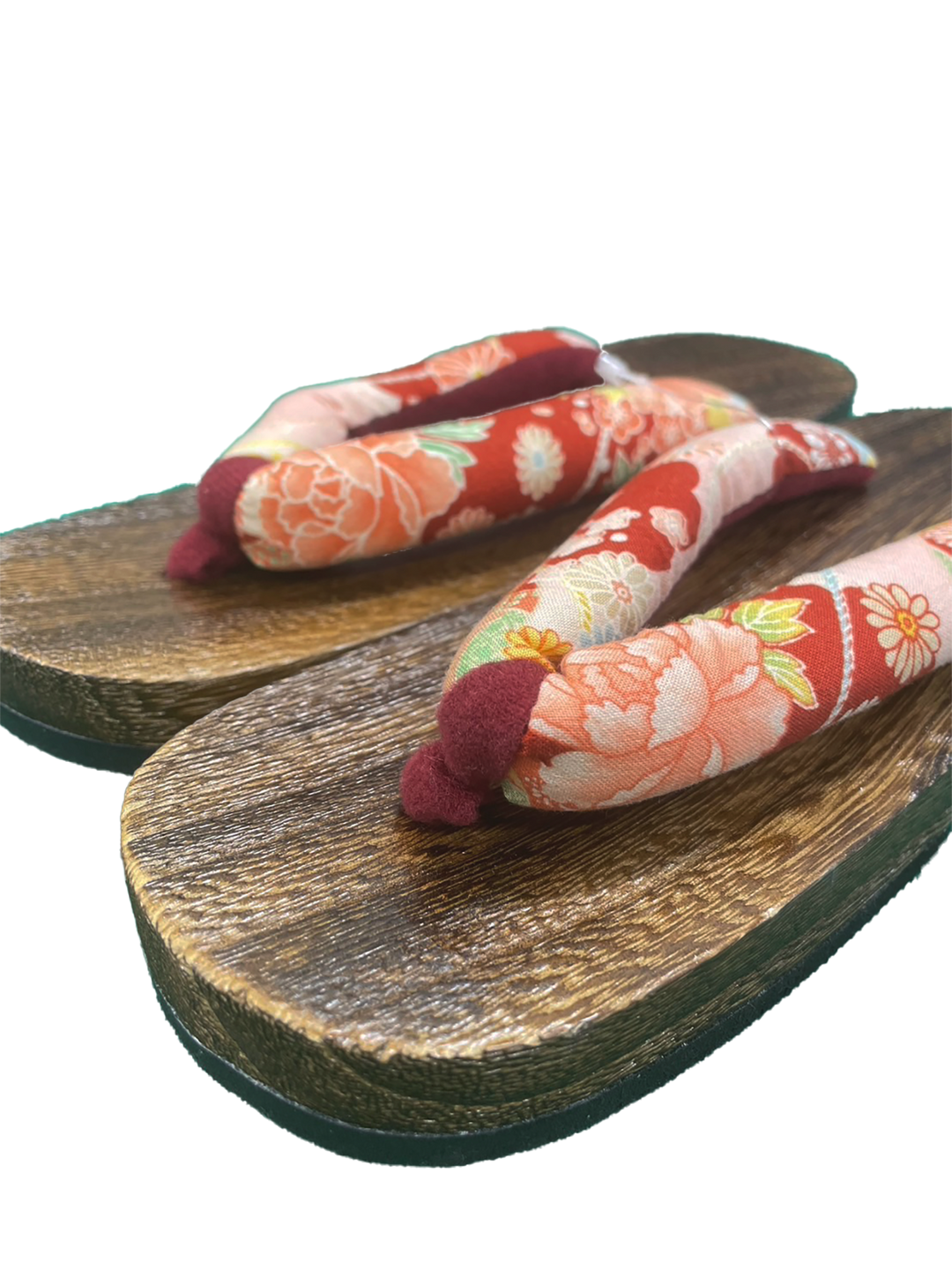 Woman's Wooden Geta Sandals : Red Flowers & Brown sole