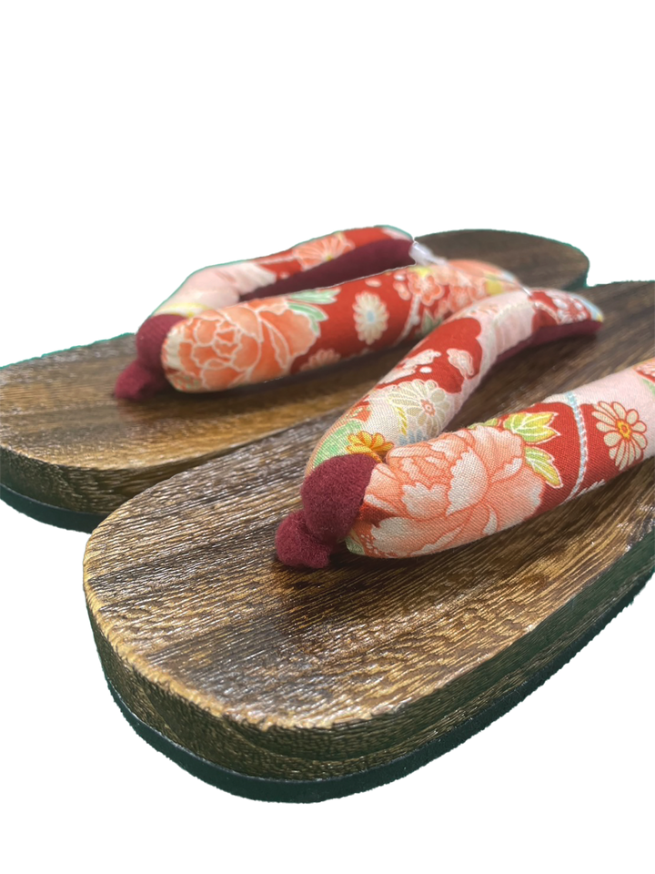 Woman's Wooden Geta Sandals : Red Flowers & Brown sole