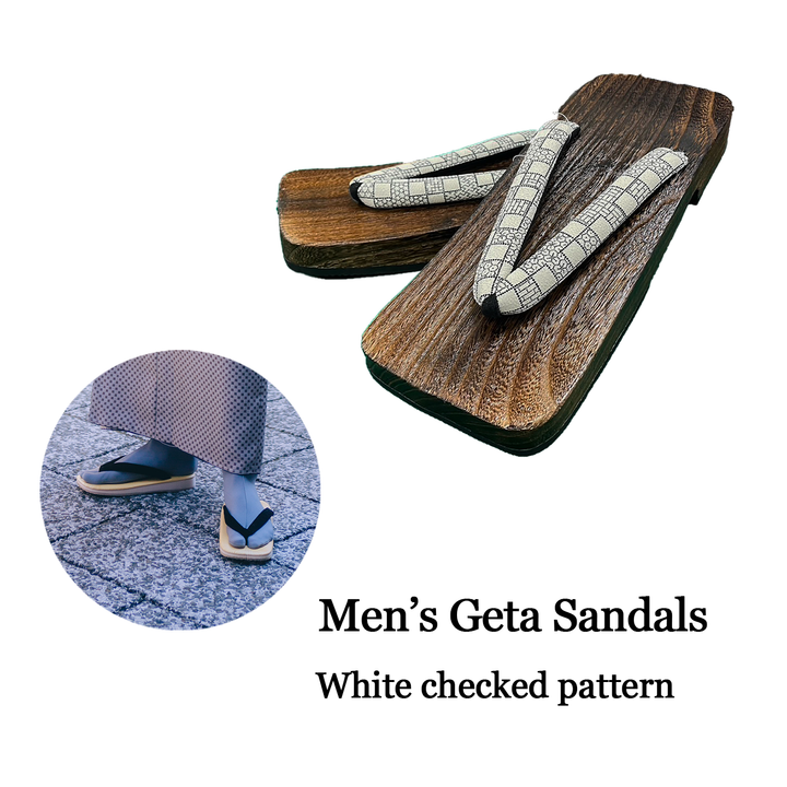 Men's Wooden Geta Sandals : White checked pattern