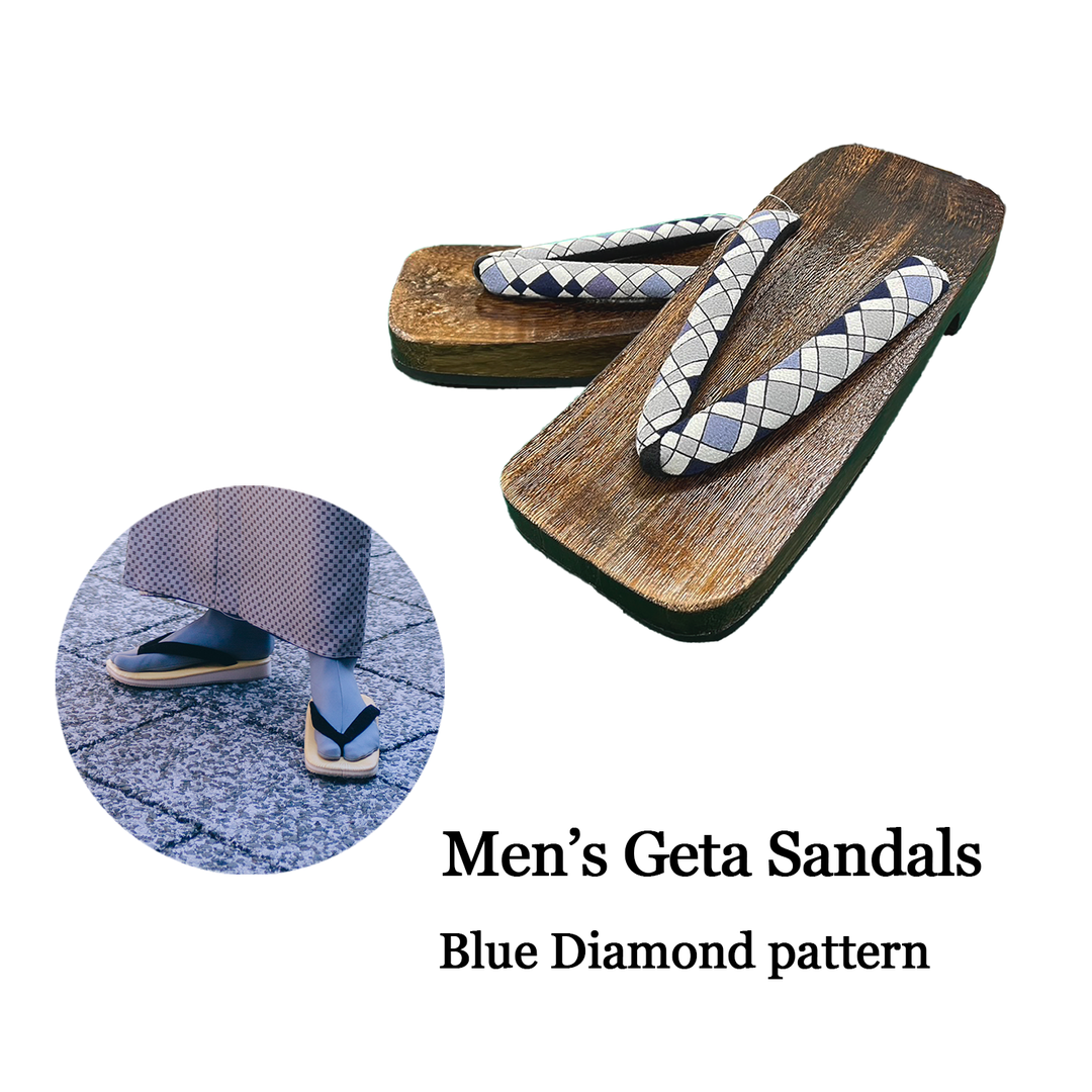 Men's Wooden Geta Sandals : Blue Diamond pattern