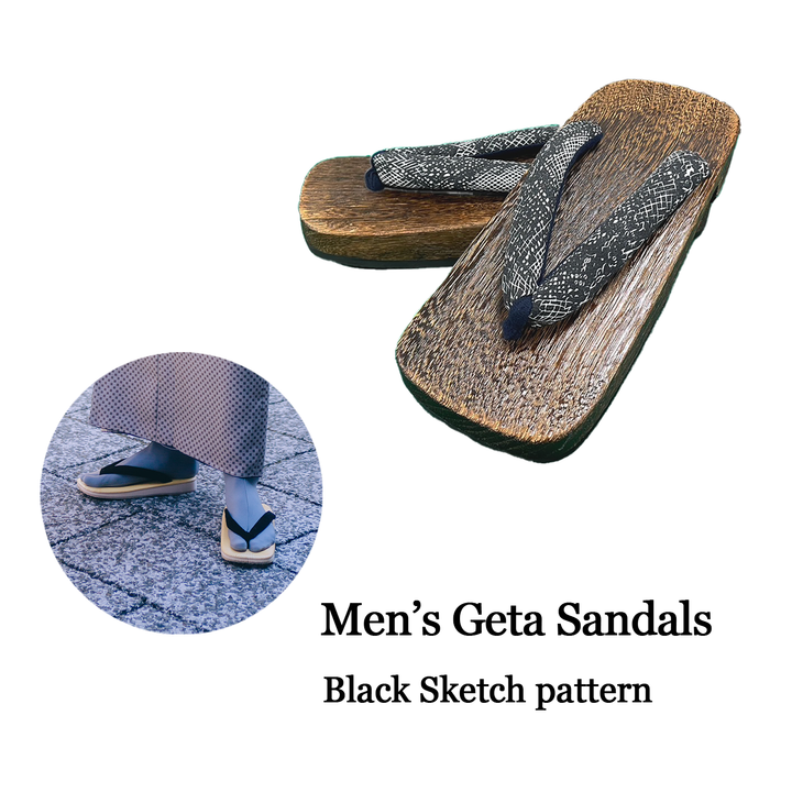 Men's Wooden Geta Sandals : Black Sketch pattern