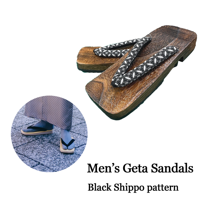 Men's Wooden Geta Sandals : Black Shippo pattern