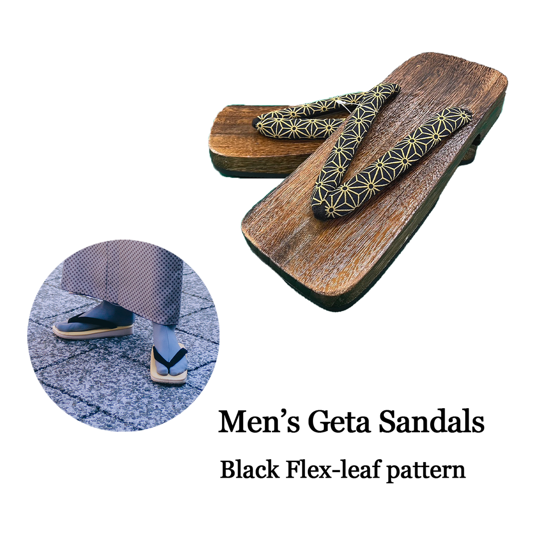 Men's Wooden Geta Sandals : Black Flex-leaf pattern