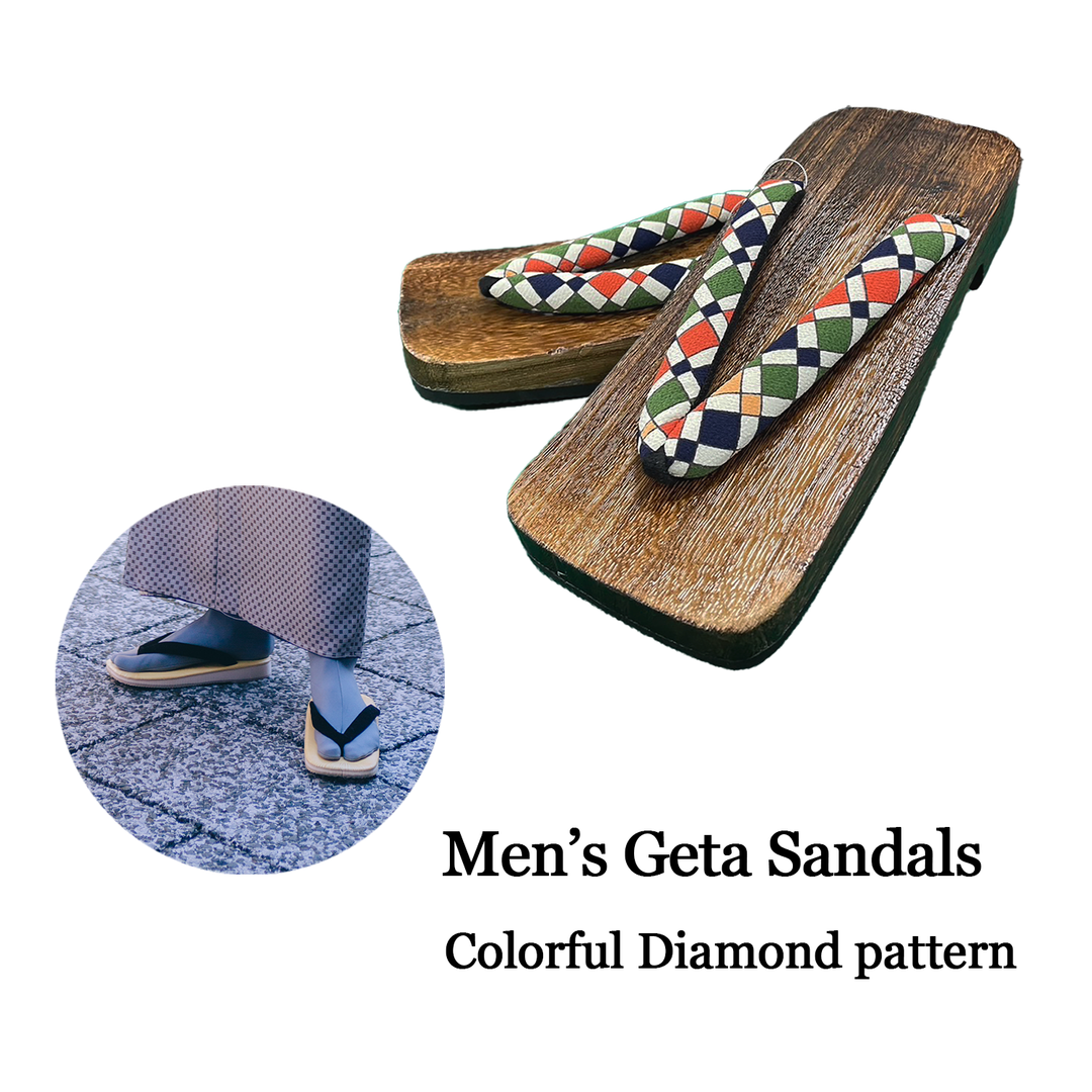 Men's Wooden Geta Sandals : Colorful Diamond pattern