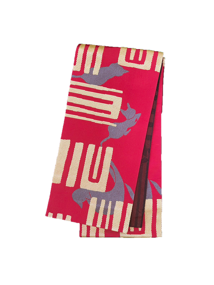 Women's Hanhaba-Obi / Half-width Belt : Red, Birds and Cats