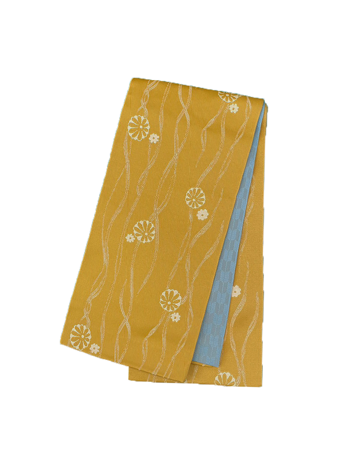 Women's Hanhaba-Obi / Half-width Belt : Yellow, Flowers, River pattern