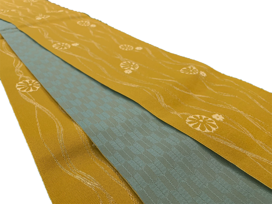 Women's Hanhaba-Obi / Half-width Belt : Yellow, Flowers, River pattern