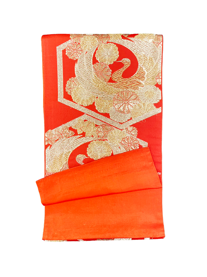 Japanese Kimono Vintage Fukuro Obi - Orange, Hexaon, Lucky Flowers