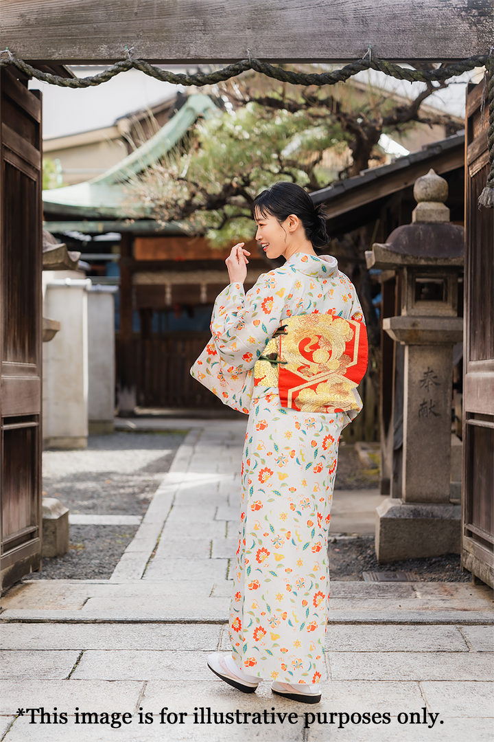 Japanese Kimono Vintage Fukuro Obi - Orange, Hexaon, Lucky Flowers