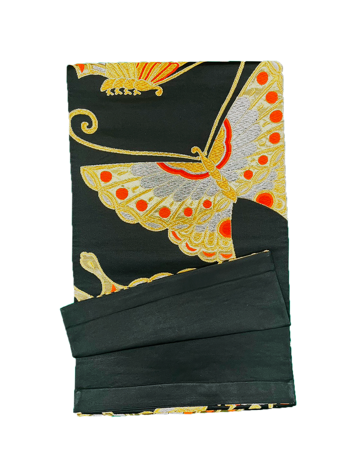 Japanese Kimono Vintage Fukuro Obi - Black, Gold Butterfly