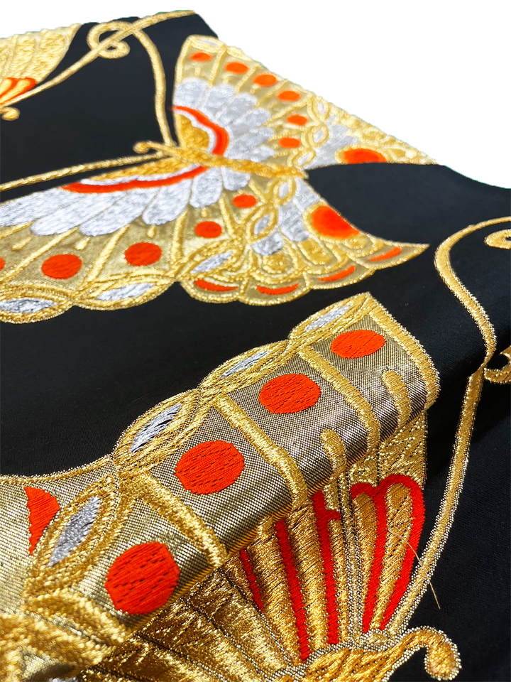 Japanese Kimono Vintage Fukuro Obi - Black, Gold Butterfly