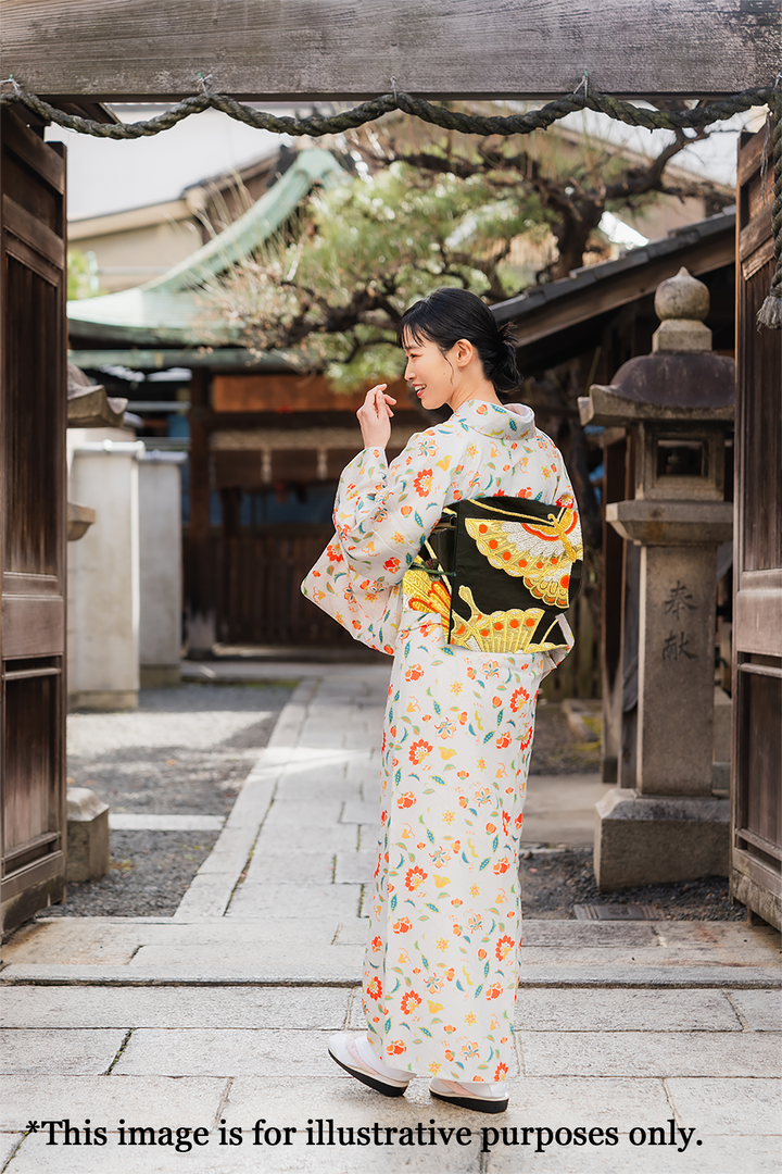 Japanese Kimono Vintage Fukuro Obi - Black, Gold Butterfly