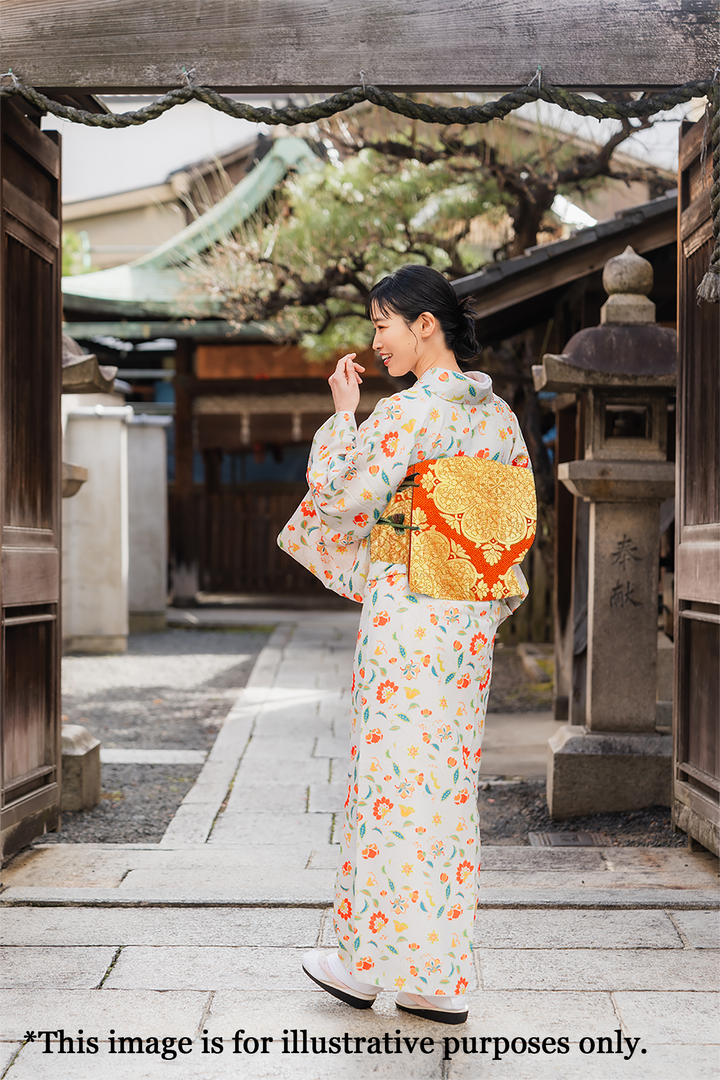 Japanese Kimono Vintage Fukuro Obi - Orange, Big Flower emblem