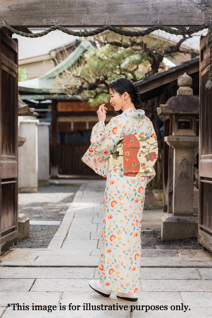 Japanese Kimono Vintage Fukuro Obi - Red and White, Peony, Flower