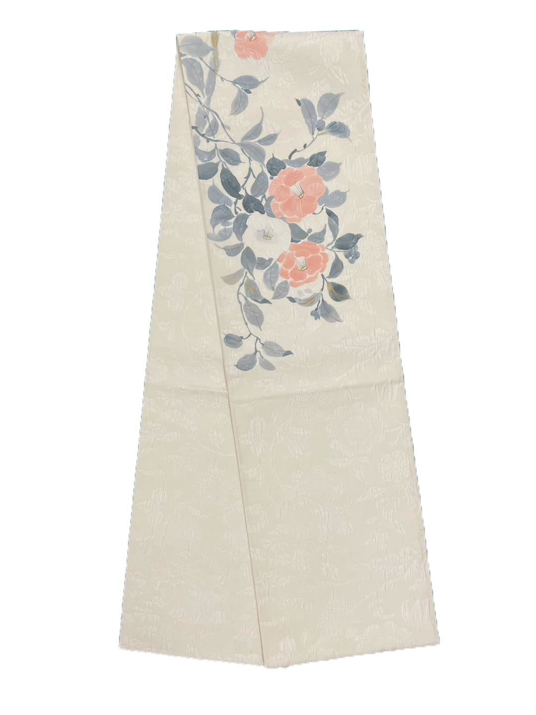 Japanese Kimono Vintage Fukuro Obi - White, Pink Camellia