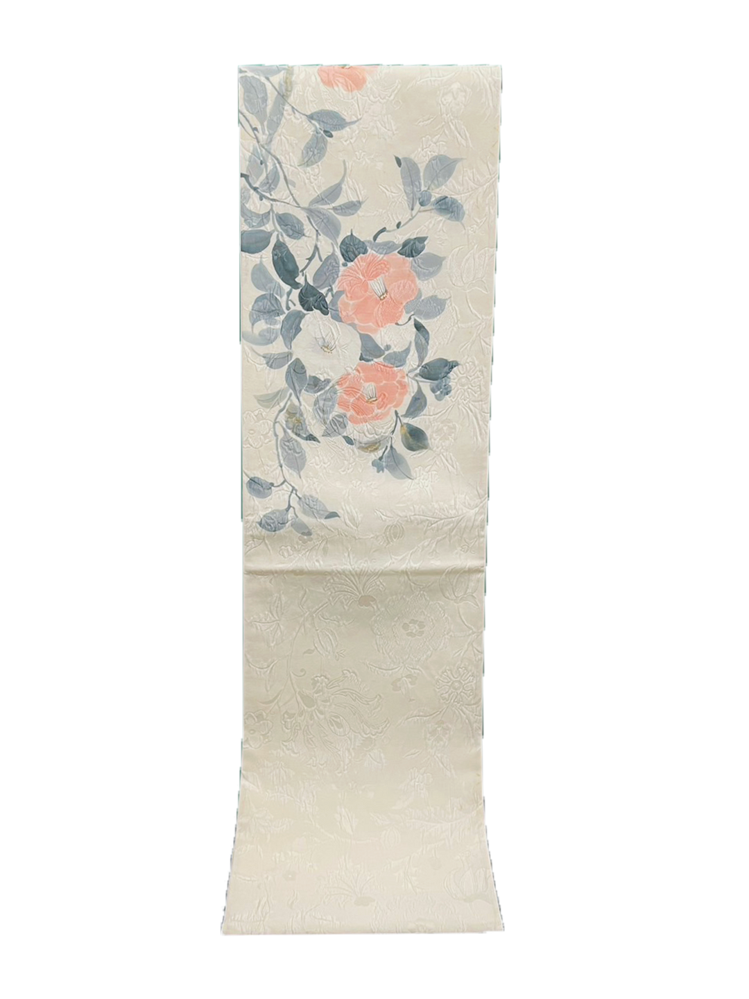 Japanese Kimono Vintage Fukuro Obi - White, Pink Camellia