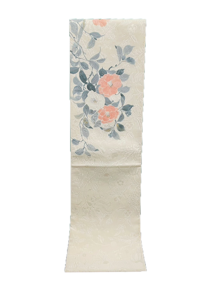 Japanese Kimono Vintage Fukuro Obi - White, Pink Camellia