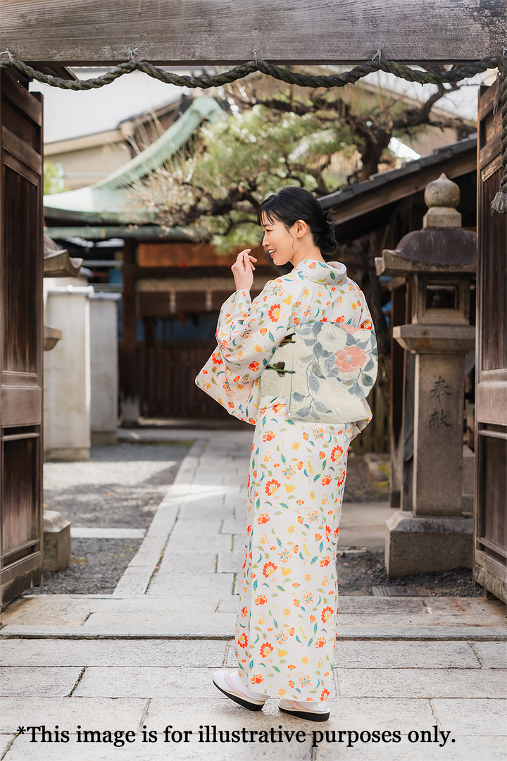 Japanese Kimono Vintage Fukuro Obi - White, Pink Camellia