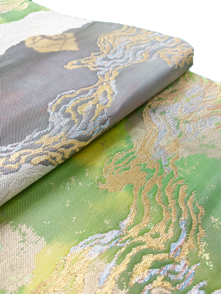 Japanese Kimono Vintage Fukuro Obi - Green, Gold and White Shading pattern