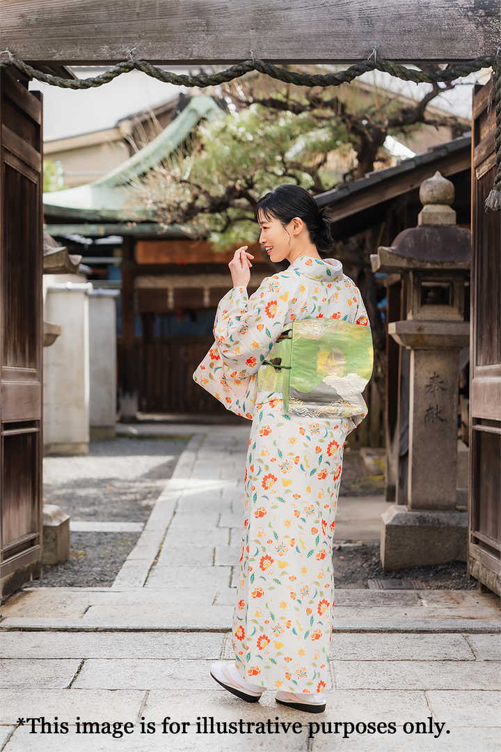 Japanese Kimono Vintage Fukuro Obi - Green, Gold and White Shading pattern