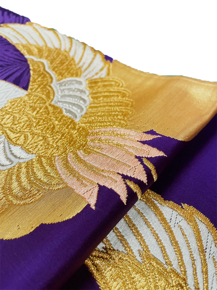 Japanese Kimono Vintage Fukuro Obi - Purple, Gold Crane and Leaves