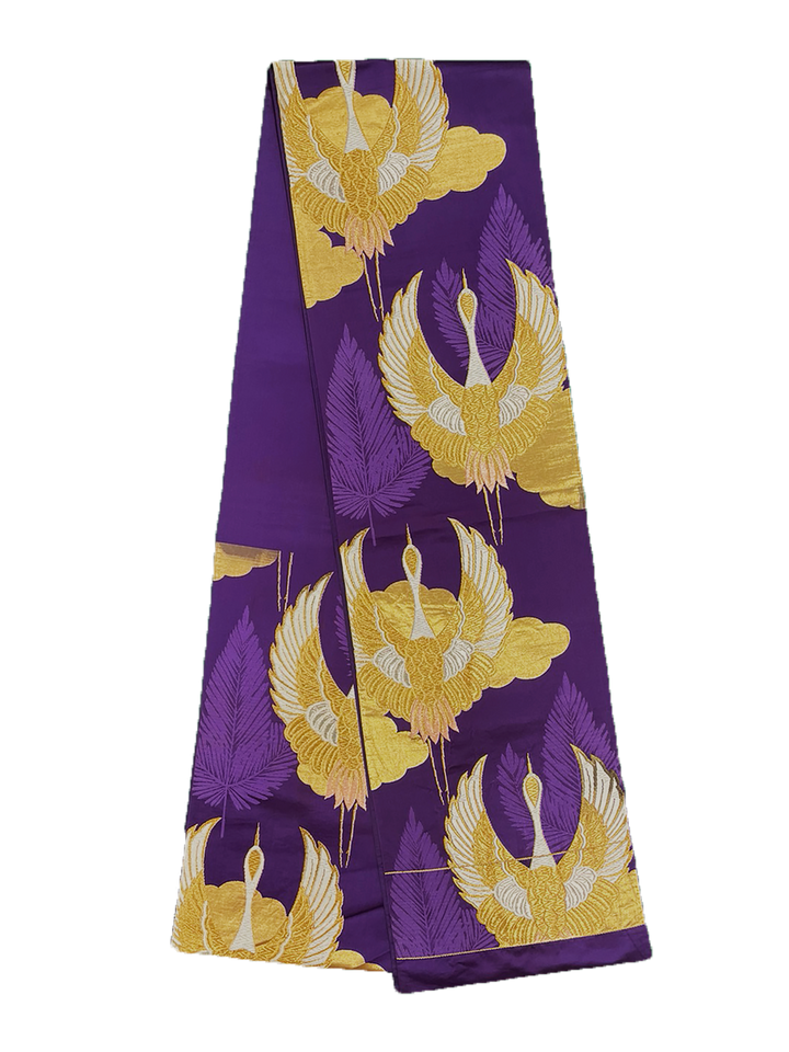 Japanese Kimono Vintage Fukuro Obi - Purple, Gold Crane and Leaves