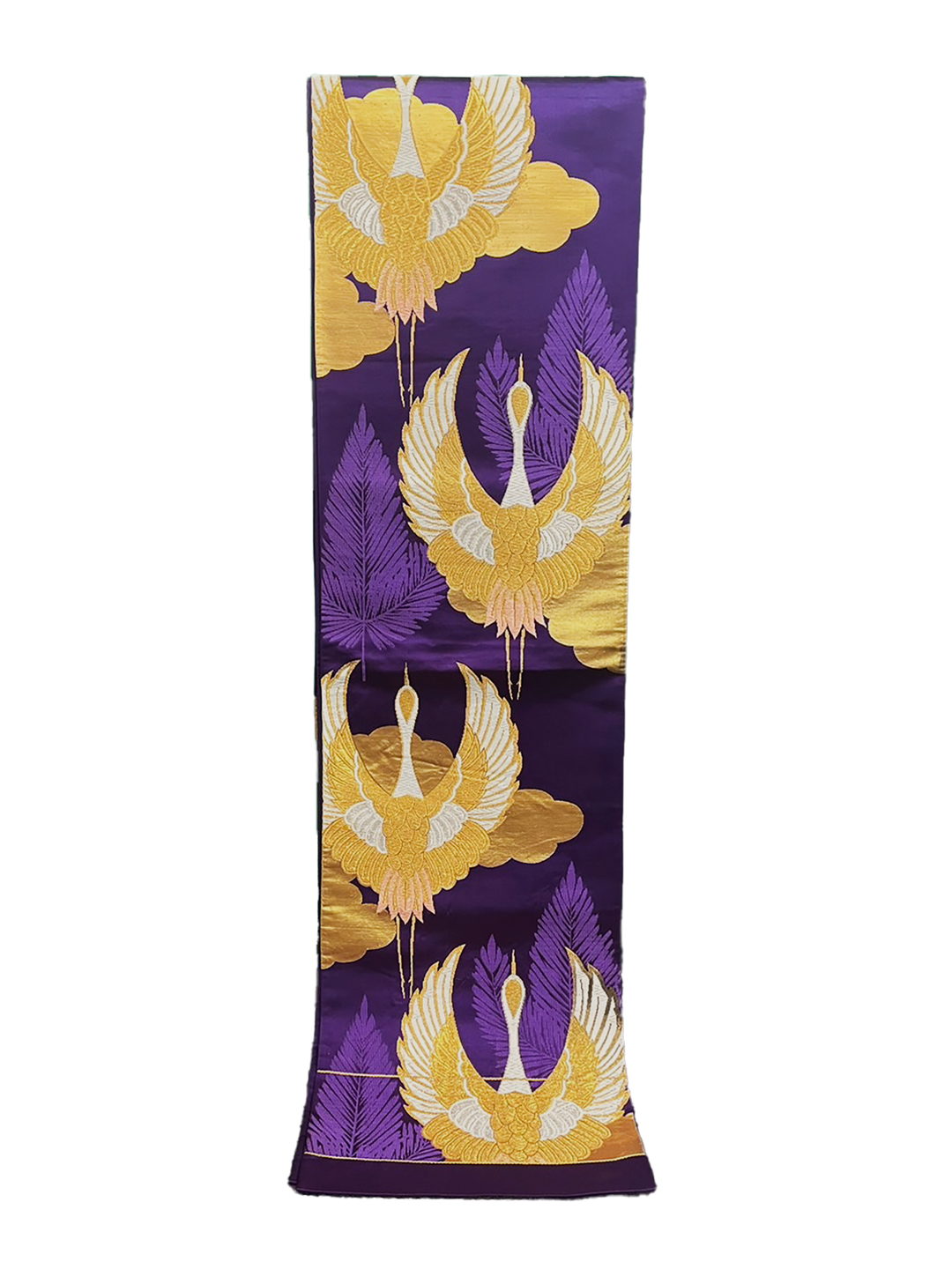 Japanese Kimono Vintage Fukuro Obi - Purple, Gold Crane and Leaves