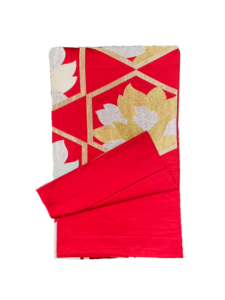 Japanese Kimono Vintage Fukuro Obi - Red, Gold and Silver Peony