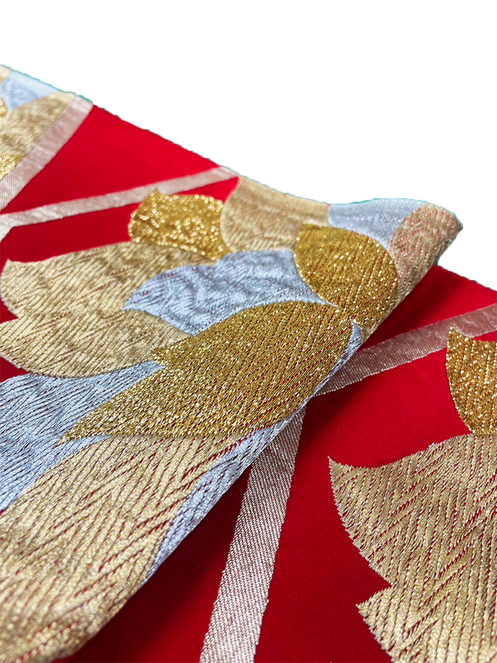 Japanese Kimono Vintage Fukuro Obi - Red, Gold and Silver Peony