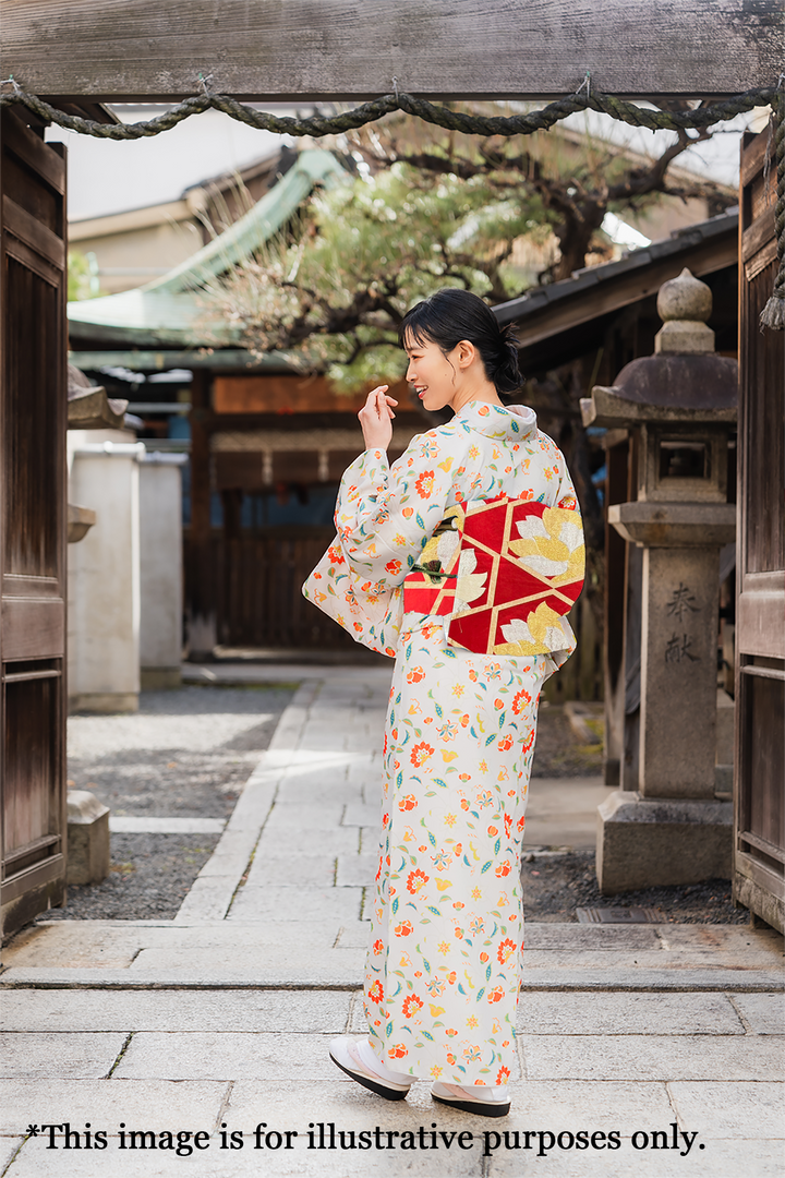 Japanese Kimono Vintage Fukuro Obi - Red, Gold and Silver Peony